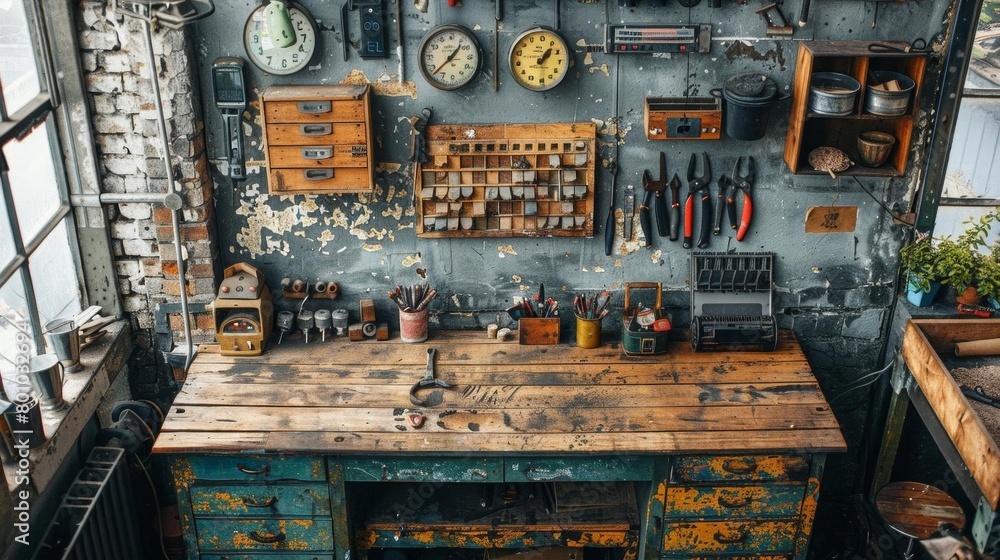 A workbench sits in a cluttered workshop A workbench sits in a cluttered workshop