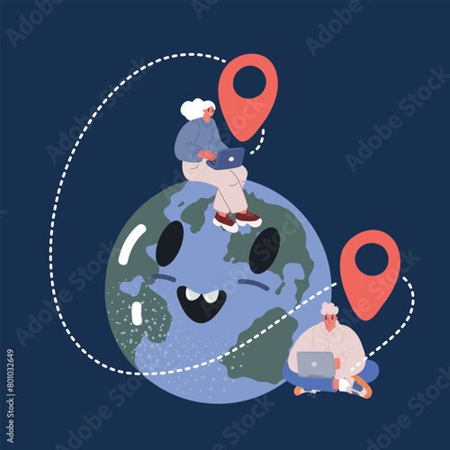 Cartoon vector illustration of Distance learning or working around the world with students or employees from different countries online courses or work remotely