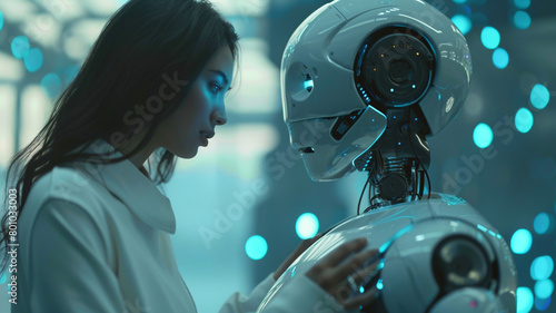 AI Robot and Human Woman in Love 