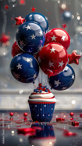 Red and blue balloons, cupcake, banner for America's national holiday celebration or patriotic event