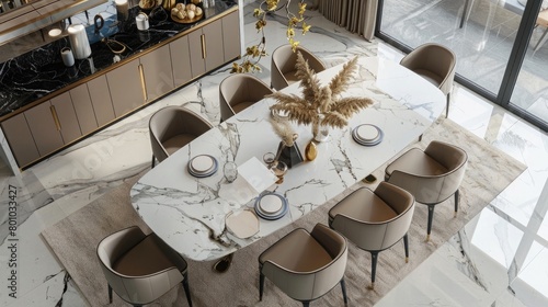 Dining room top view on marble table 3d render 3d © Ammar