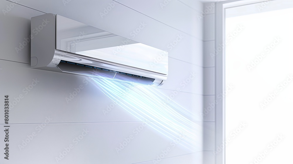 A sleek and modern air conditioner unit installed on a white wall, with cool air gently flowing from the vents, creating a comfortable indoor environment on a hot day. A sleek and modern air conditioner unit installed on a white wall, with cool air gently flowing from the vents, creating a comfortable indoor environment on a hot day.
