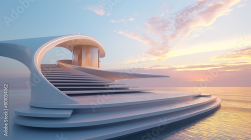 A Modern Building With A Curved Staircase And The Ocean View In The Background.