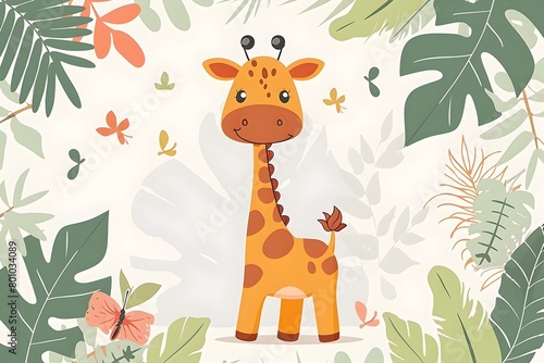 Adorable Giraffe in Lush Botanical Jungle Backdrop for Baby Nursery Wall Art