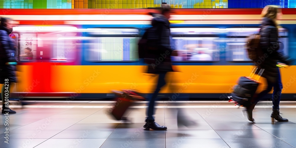 Vivid scene at a train station showing travelers in motion, blurred against a colorful, fast-moving train, capturing the energy and haste of urban commuting.