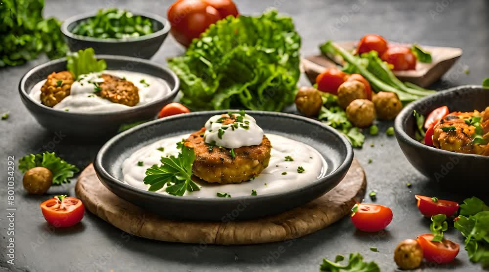 Roasted Chickpea Falafel: A Delightful Plate with Creamy Yogurt Sauce (Dark Background) Roasted Chickpea Falafel: A Delightful Plate with Creamy Yogurt Sauce (Dark Background)