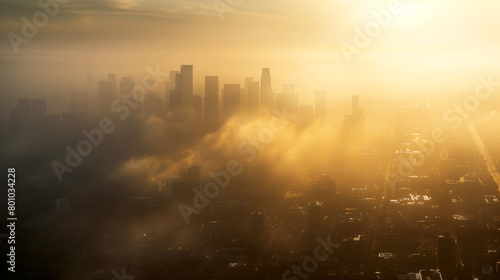 A city skyline shrouded in thick smog