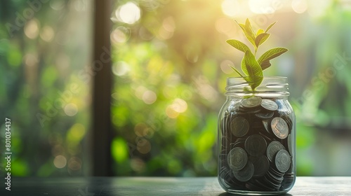 A Green Plant Growing Out Of A Glass Jar Filled With A Coins.