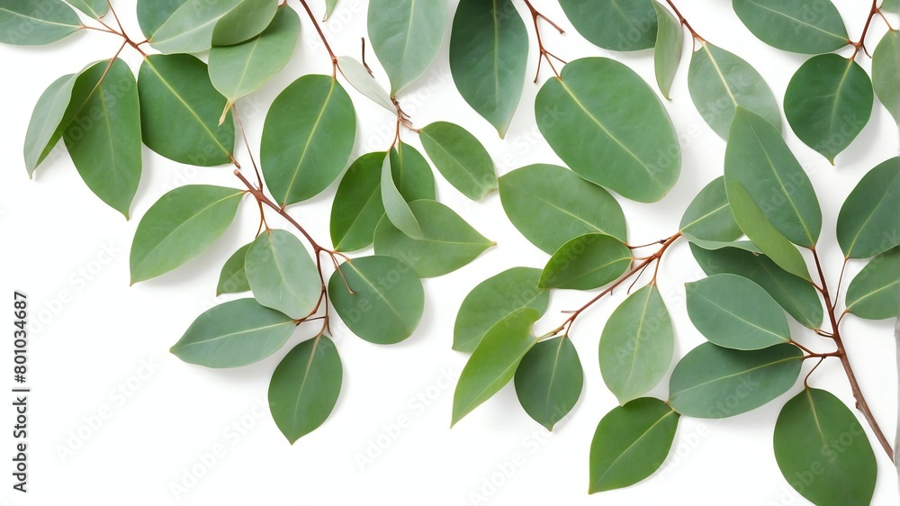 closeup of eucalyptus leaves on plain white background from Generative AI closeup of eucalyptus leaves on plain white background from Generative AI
