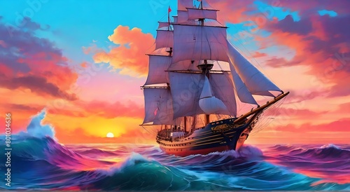 a sailing ship sailing in the ocean, with a very beautiful sunset, made with generative AI
