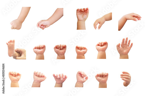 A collection of chubby babies' hands in various poses. And the baby's feet too. on a white background