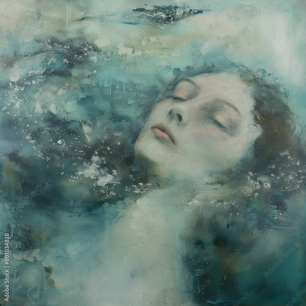 Fototapeta premium A serene illustration face partially submerged in bubbly turquoise water.
