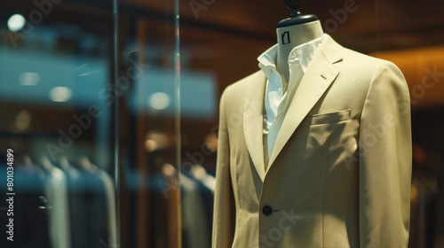 Cream colored suit on mannequin in luxury men's store background