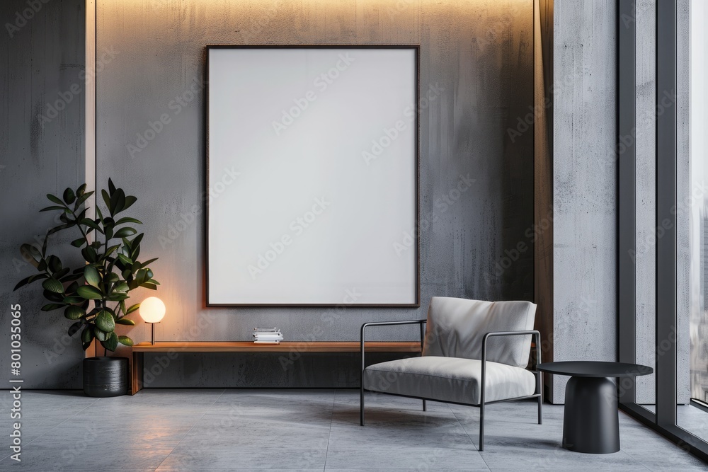 A single oversized blank frame hangs on the wall above the minimalist console table A single oversized blank frame hangs on the wall above the minimalist console table