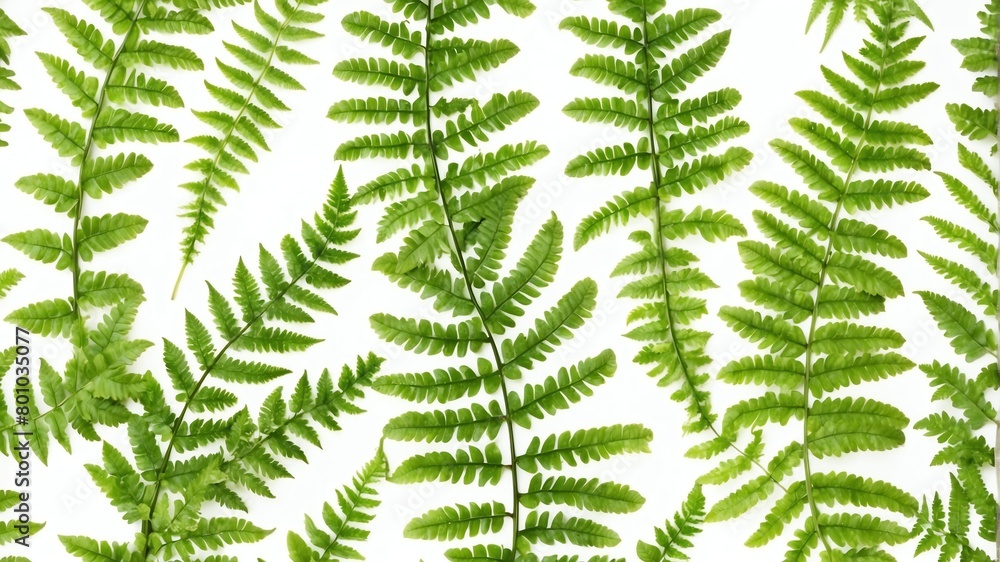 closeup of fern leaves on plain white background from Generative AI