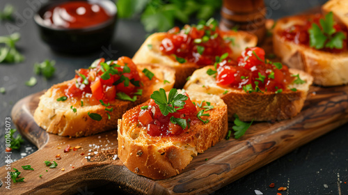 Pieces of bread with sauce on wooden boar