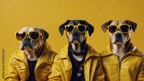Three dogs wearing yellow jackets and sunglasses are posing in front of a yellow background.