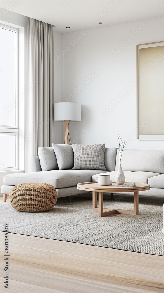 Fototapeta premium A Vertical Image Of A Modern Living Room With Furnishings Aesthetic And The Art Banner On Wall.