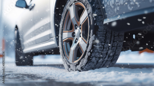 snow on car tire in winter season