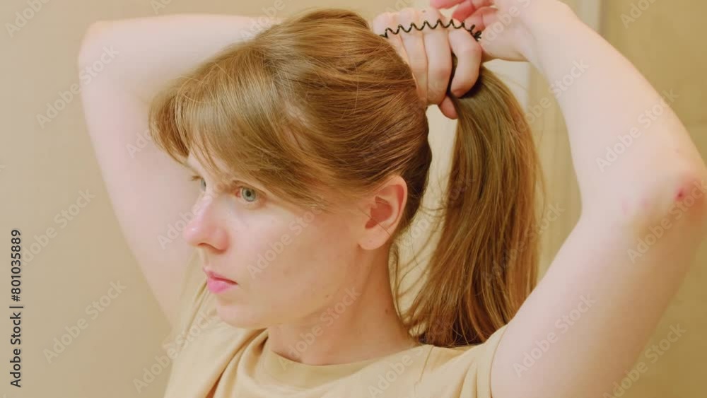 Woman puts her hair in a ponytail in bathroom. Young woman doing her