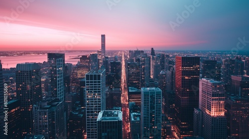 Aerial View Of A City Skyline At Sunset.