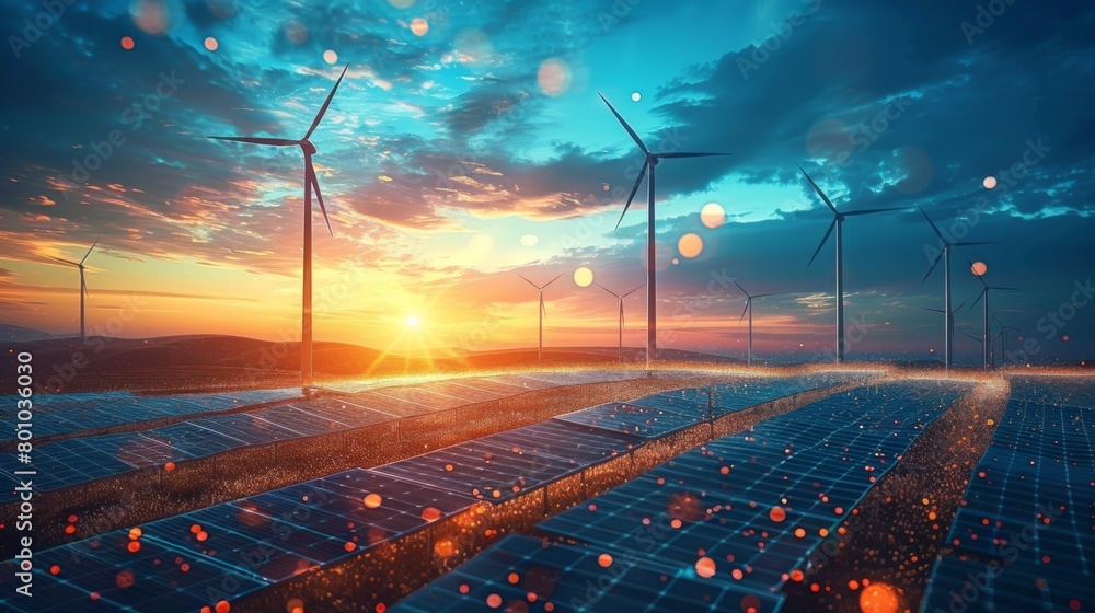Fototapeta premium Photo of solar panels and wind turbines against the sky at sunset, concept for sustainable energy sources