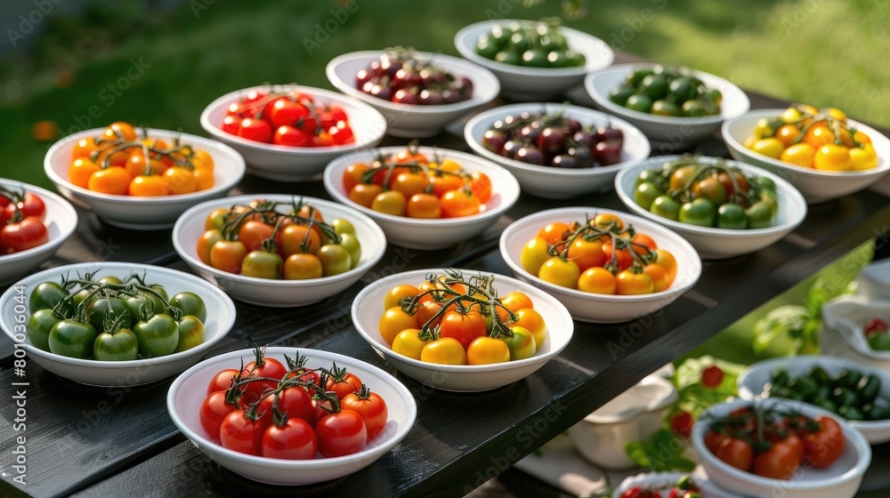 In a close-up shot, a variety of small tomatoes are displayed on a beautiful, grand deep black wooden table situated on a spacious green lawn. The tomatoes are placed on elegant white ceramic 
