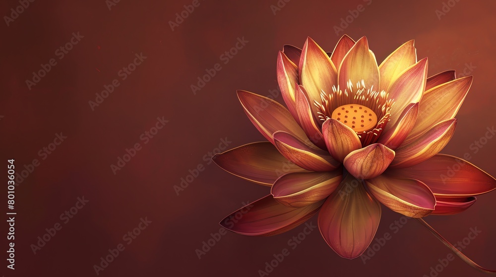 Golden lotus flower, rich burgundy background, cultural magazine cover, spotlight effect, slightly tilted view