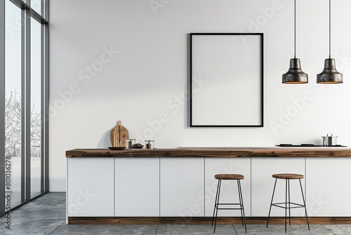 A single oversized blank frame hangs on the wall above the breakfast bar