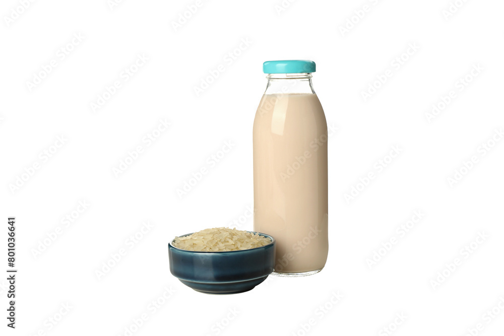PNG, Bottle of milk and rice in bowl, isolated on white background PNG, Bottle of milk and rice in bowl, isolated on white background