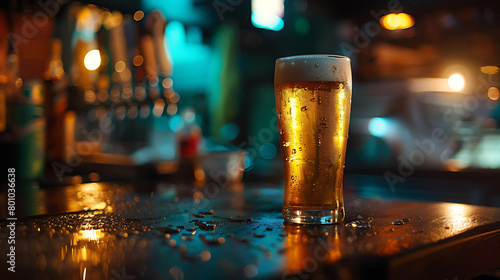 Cold beer in a glass, close up in a dark pub with lights on. Beer banner