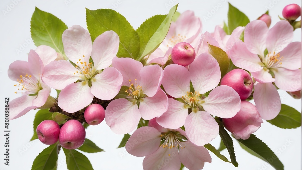 closeup of pink apple flowers on plain white background from Generative AI