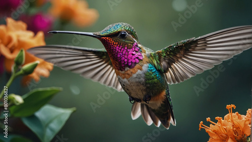 A green, blue, and purple hummingbird is flying towards a cluster of red and orange flowers.