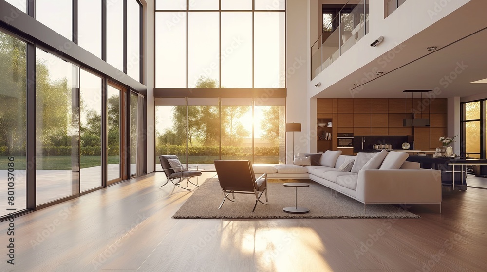 A Modern Minimalist Living Room Aesthetic Interior Design With A High Ceiling And An Airy Window View. A Modern Minimalist Living Room Aesthetic Interior Design With A High Ceiling And An Airy Window View.