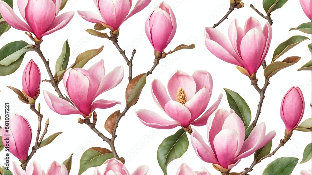 closeup of pink magnolia flowers on plain white background from Generative AI closeup of pink magnolia flowers on plain white background from Generative AI