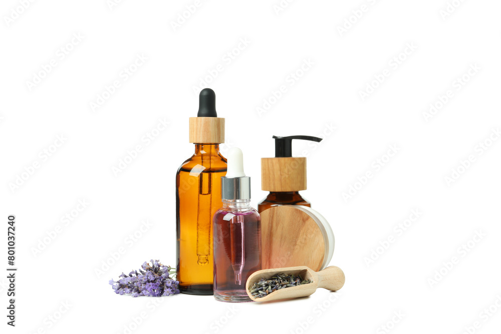 PNG,Lavender oil in bottles with lavender flowers, isolated on white background PNG,Lavender oil in bottles with lavender flowers, isolated on white background