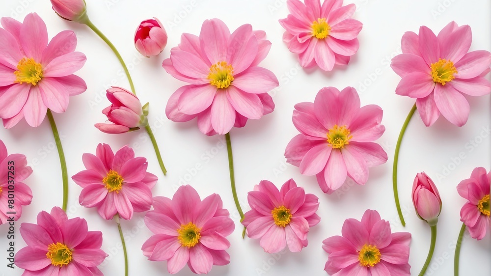 closeup of pink spring flowers on plain white background from Generative AI