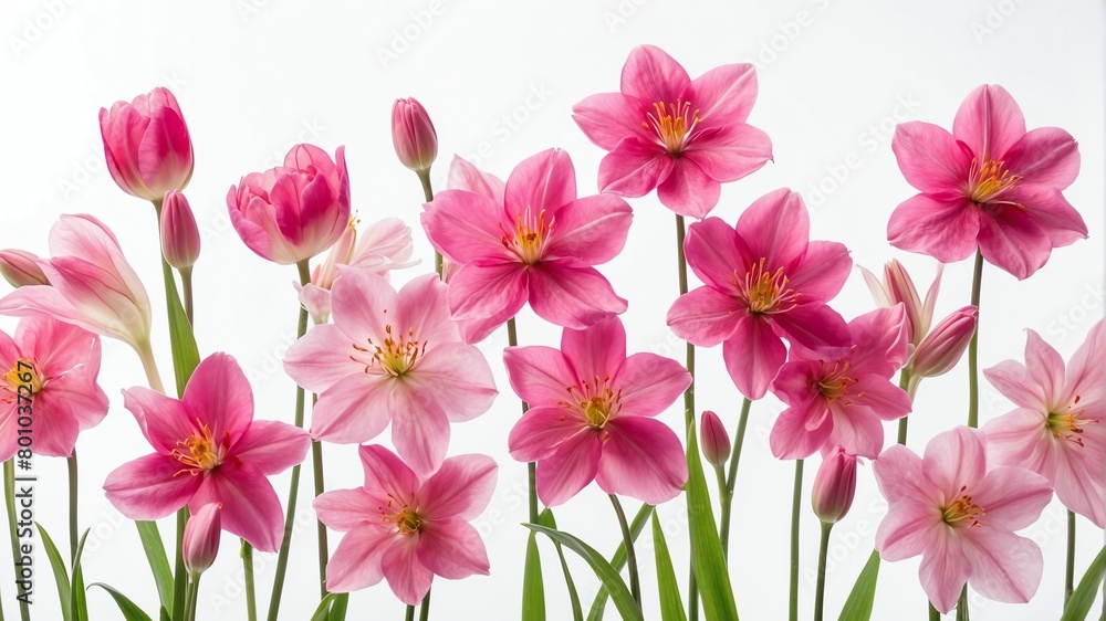 closeup of pink spring flowers on plain white background from Generative AI closeup of pink spring flowers on plain white background from Generative AI