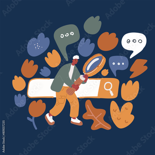 Cartoon vector illustration of Business analytics and statistics. Businessman study report using a magnifying glass. Man examines through a magnifying glass, searching in internet bar