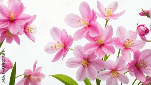 closeup of pink spring flowers on plain white background from Generative AI