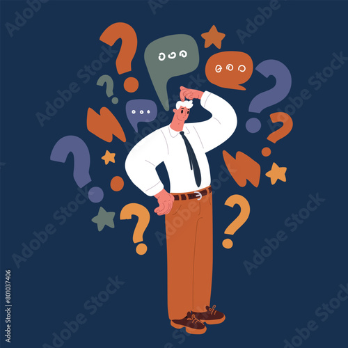 Cartoon vector illustration of thinking man with question mark in speech bubble. Solving problems, feeling doubt or hesitation. Searching and finding a solution concept.