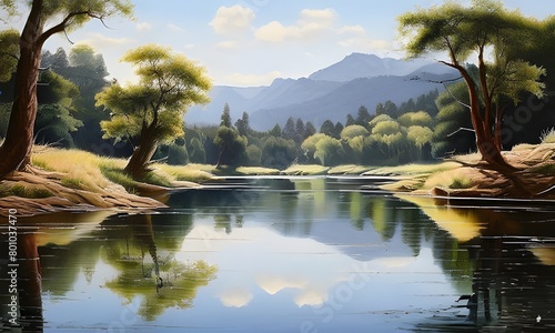 peaceful serenity of a meandering river with realistic reflections of overhanging trees  photo