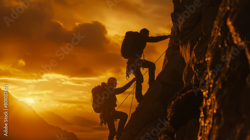 A dramatic shot showcasing the bond between climbers as one reaches out to assist the other, their figures silhouetted against the backdrop of a setting sun casting golden hues ove photo
