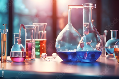 Chemistry lab arrayed distinctly on a table, swirling with vibrant substances, biological apparatuses amidst delicate glassware, set against a striking azure backdrop, ultra-clear, high detail, digita photo