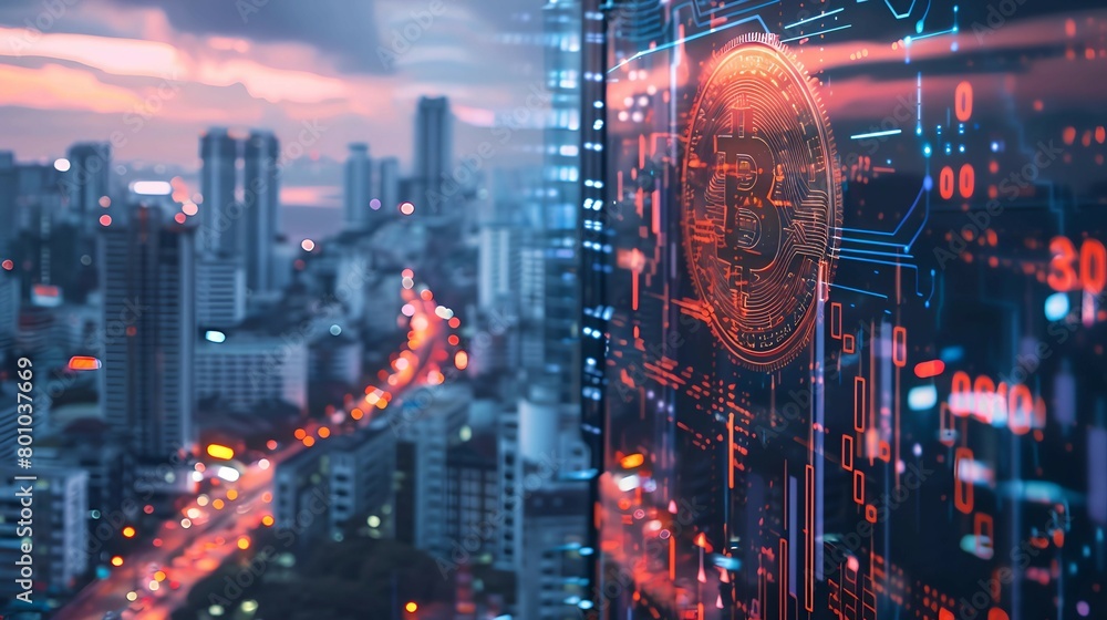 The bitcoin symbol on the background of an urban landscape with a hologram drawing on the theme of cryptocurrency and a background image of the city of Hong Kong The bitcoin symbol on the background of an urban landscape with a hologram drawing on the theme of cryptocurrency and a background image of the city of Hong Kong