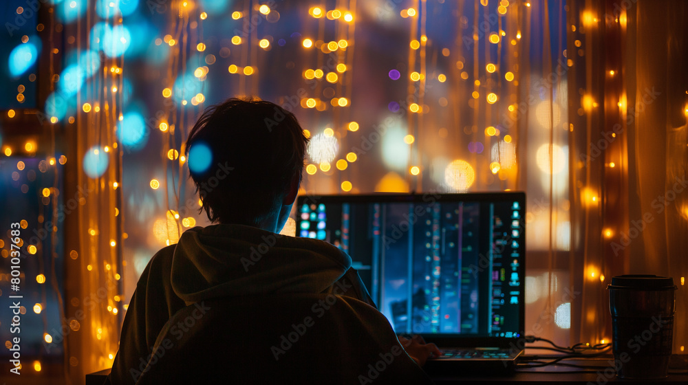 Beneath a canopy of twinkling fairy lights, a developer's laptop screen becomes a canvas for creativity, the glow of the monitor illuminating their face as they breathe life into d Beneath a canopy of twinkling fairy lights, a developer's laptop screen becomes a canvas for creativity, the glow of the monitor illuminating their face as they breathe life into d