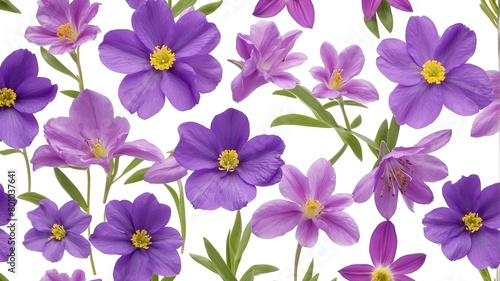 closeup of purple spring flowers on plain white background from Generative AI