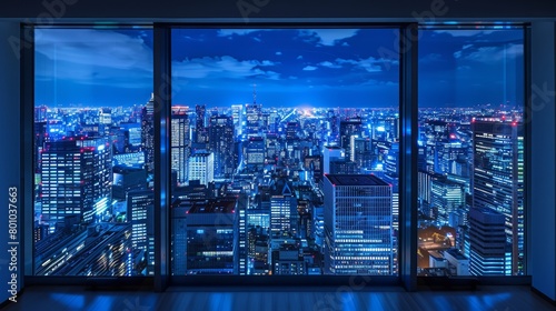 large panoramic windows view of the city at night