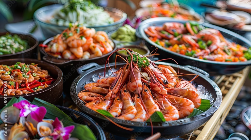 A tempting scene of a seafood buffet spread with a variety of dishes featuring squid, clams, and shrimp, surrounded by colorful garnishes and condiments, A tempting scene of a seafood buffet spread with a variety of dishes featuring squid, clams, and shrimp, surrounded by colorful garnishes and condiments,