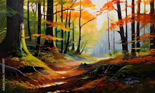 forest scene with dappled sunlight filtering through the trees